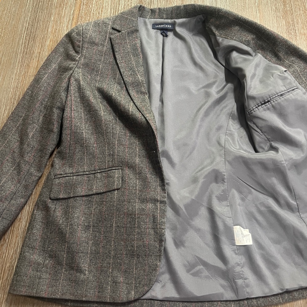 Lands' End 4P Wool Cashmere Stretch‎ Plaid Blazer Jacket Gray Career Business - Picture 5 of 7